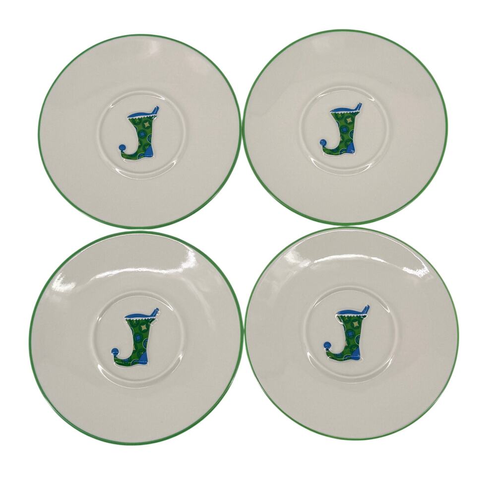 Starbucks Holiday 2006 Christmas Green Jester Stocking Saucer Plates Lot Of 4